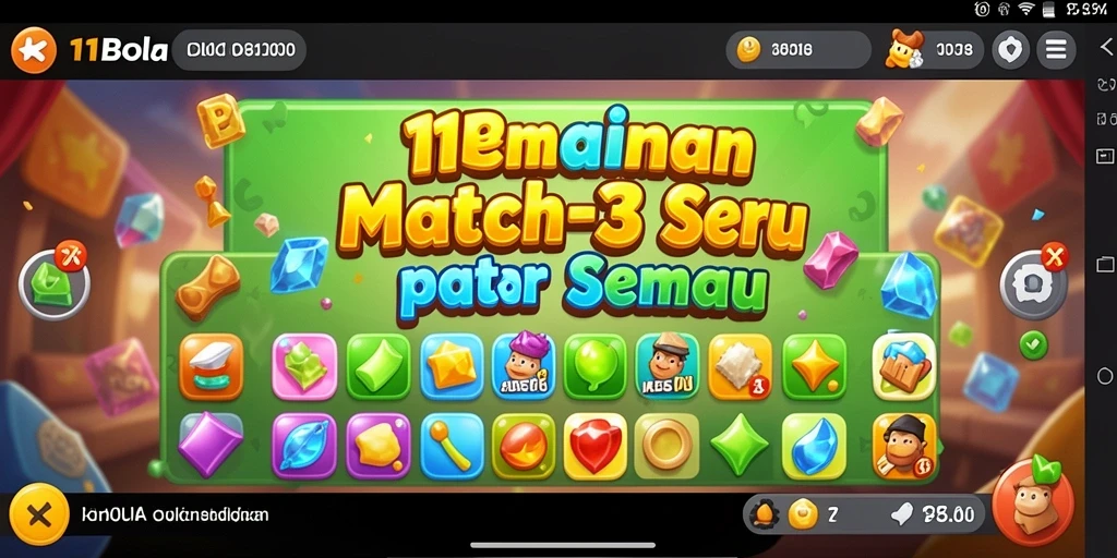 Tampilan gameplay 11BOLA yang penuh warna dan tantangan Match-3.
