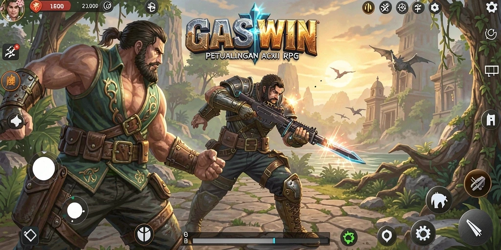 Tampilan gameplay GASWIN dengan aksi pertarungan seru dan karakter unik.