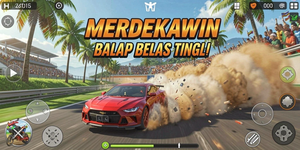 Screenshot gameplay balap di MERDEKAWIN menampilkan aksi mendebarkan.