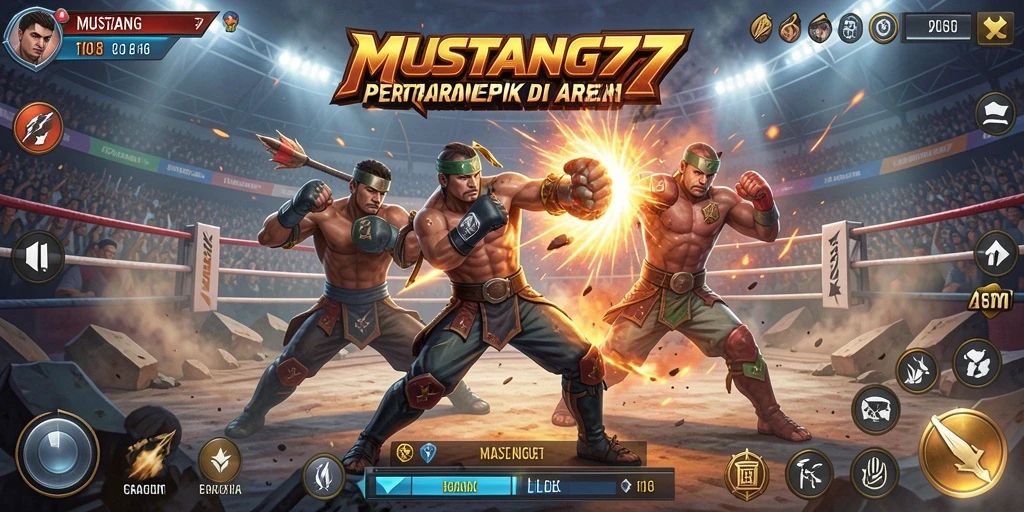 Tampilan seru pertarungan di MUSTANG77 dengan karakter unik.
