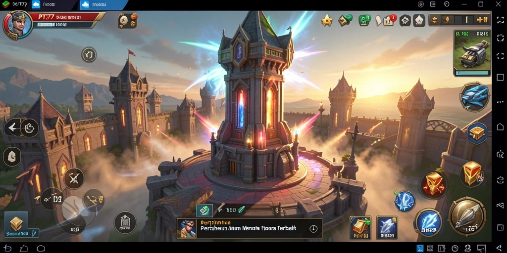 Tangkapan layar gameplay PT777 menampilkan menara dan musuh dalam pertempuran seru.