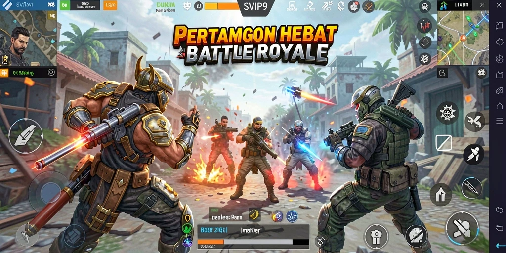 Screenshot gameplay SVIP9 menampilkan pertarungan Battle Royale yang mendebarkan.