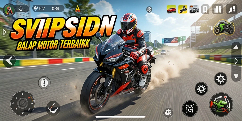 Tampilan gameplay seru dari SVIPSIDN yang menampilkan balapan motor yang mendebarkan.