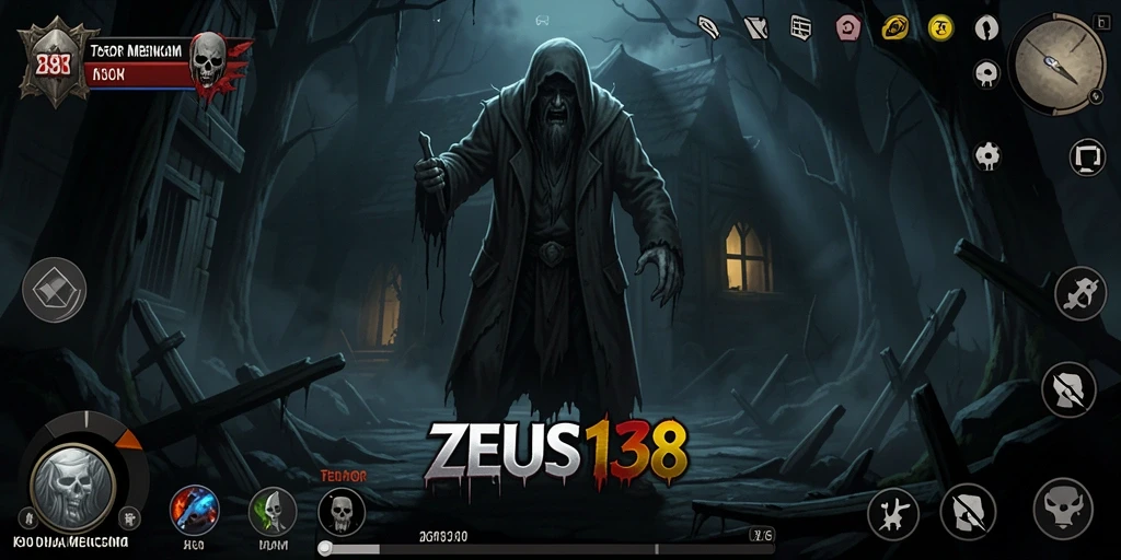 Gameplay seram ZEUS138 dengan suasana mencekam dan jump scare.